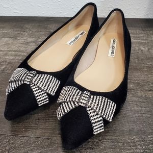Karl Lagerfeld Damia Black Velvet Rhinestone Bow Pointed Toe Ballet Flats